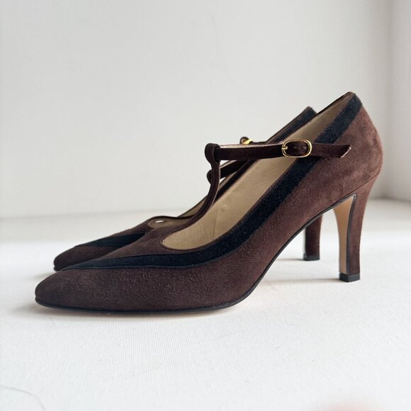 Vintage Bally Two Tone Brown Black T Strap Suede Heels 8C - Picture 2 of 9